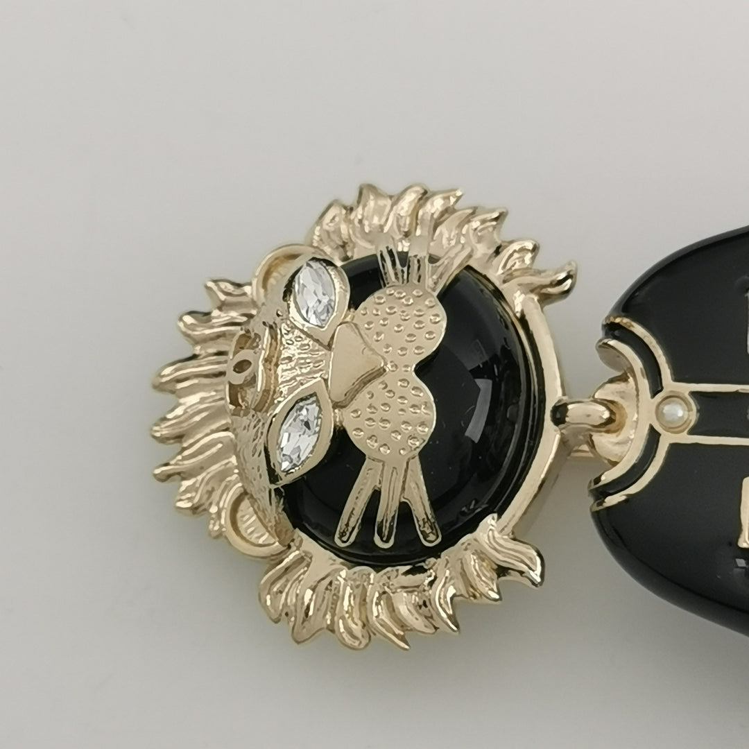 Chanel Lion CC Logo Black Jacket Gold Pin Brooch