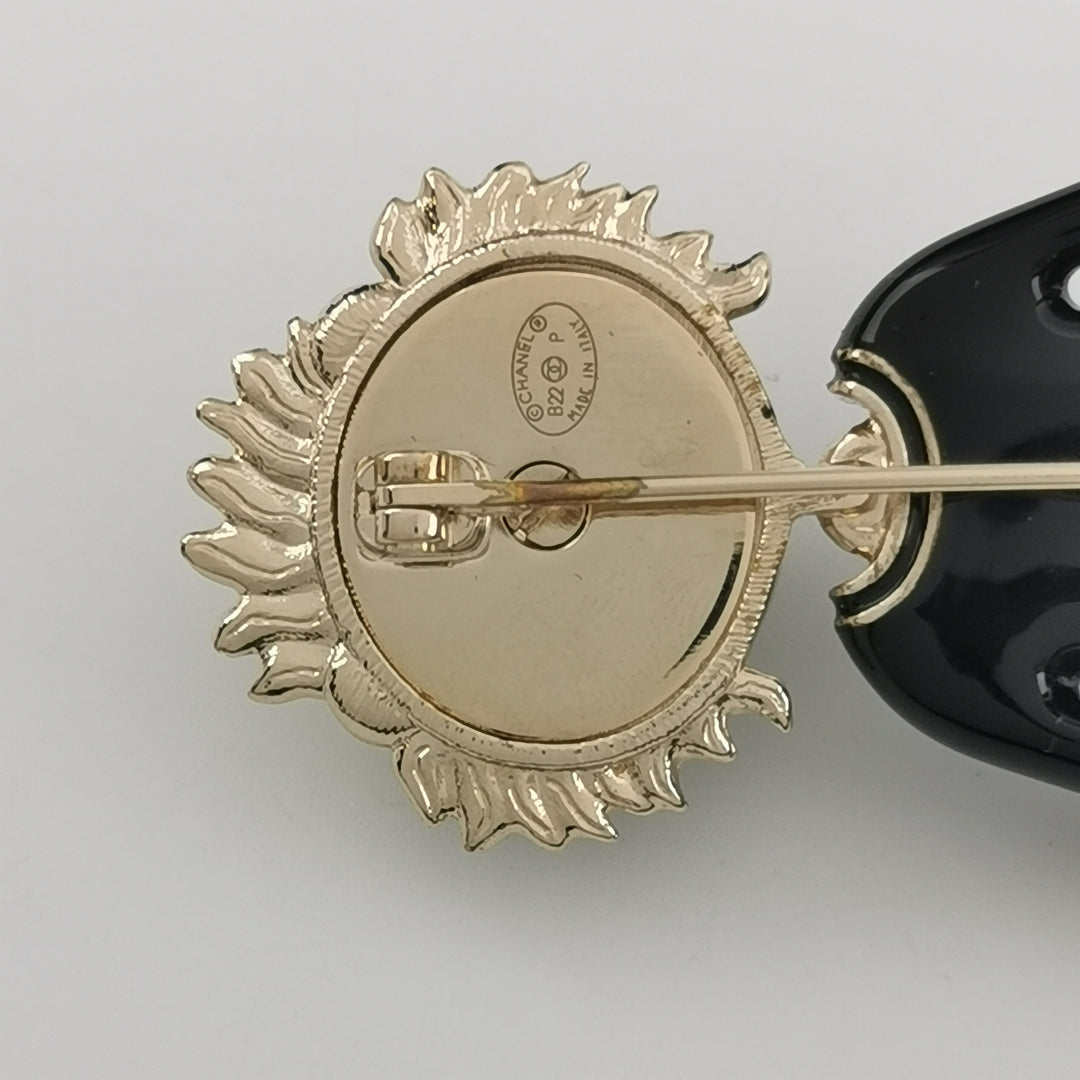 Chanel Lion CC Logo Black Jacket Gold Pin Brooch